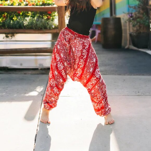 Kids Red Lotus Harem Pant Unisex Cotton Printed Travel Boho Hippie Pants Red - Picture 9 of 9